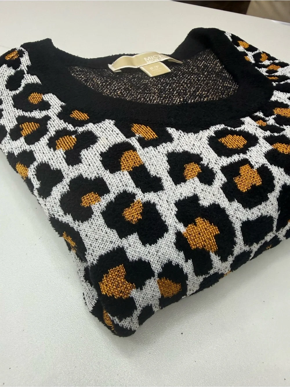 Michael Kors Leopard Print Short knit Sleeve Top - Black, Tan